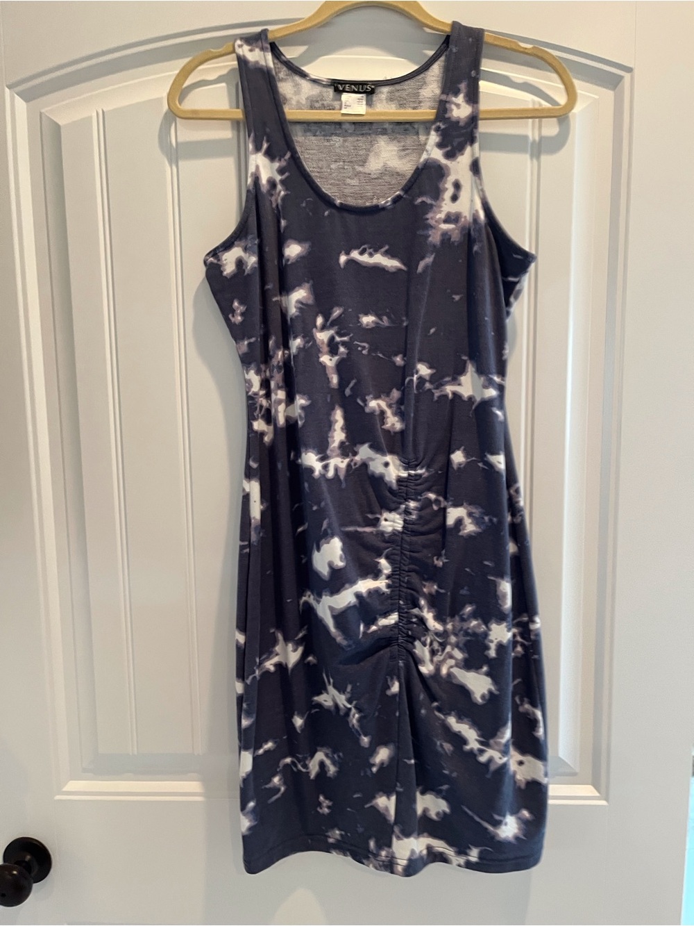 VENUS Navy and White Tie-Dye Ruched Tank Midi Dress